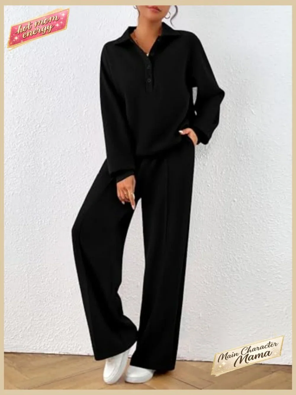 Quarter Button Sweatshirt Wide Leg Pants Lounge Set Long Sleeve Comfy Tracksuit - Picture 6 of 7